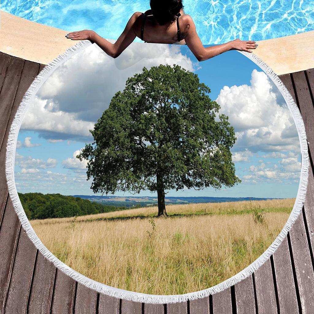 Big Tree Print Round Beach Towels, Polyester Sand Resistant Shawl Beach Blanket,Soft Absorbent Quick Dry Pool Towel Picnic Mat