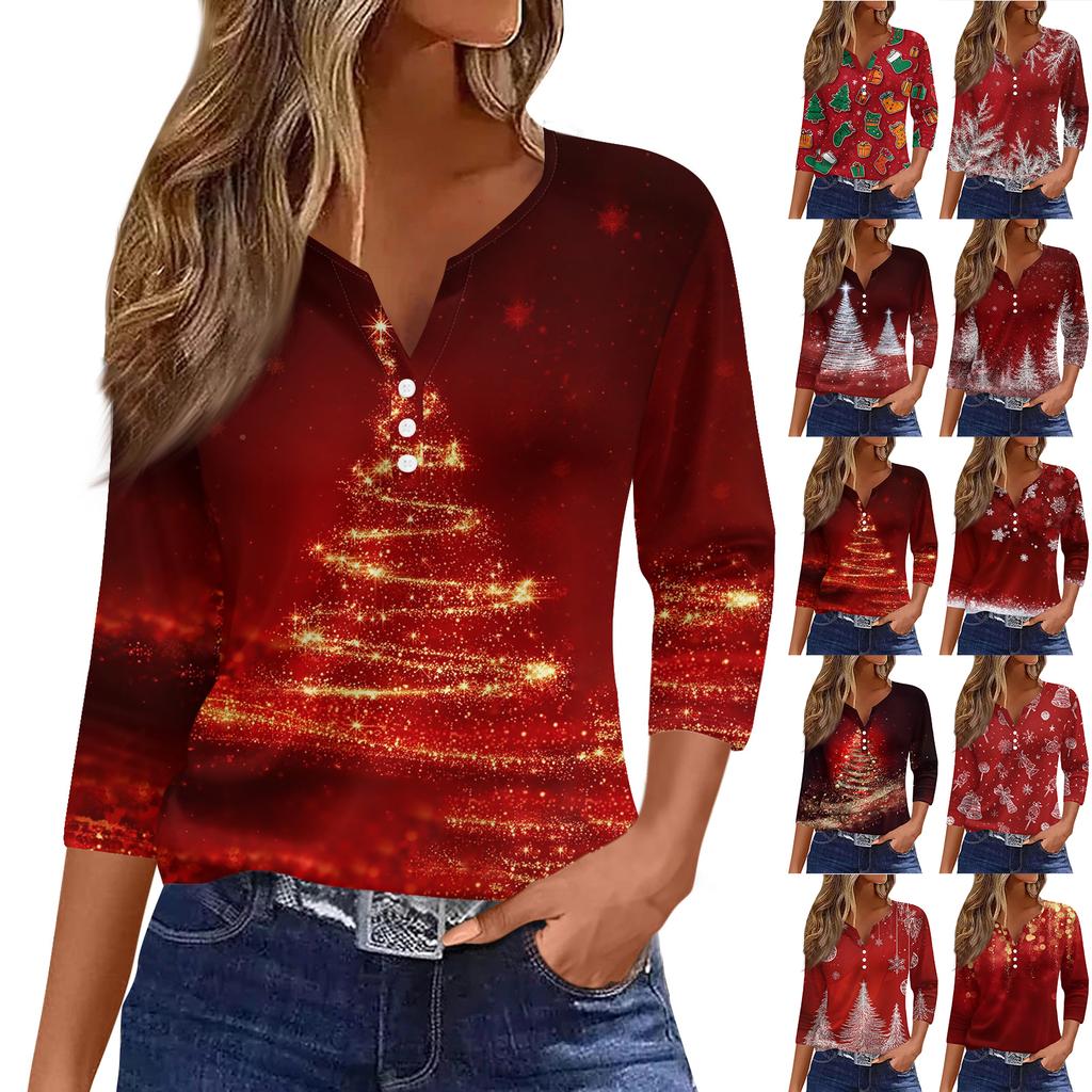 Women's Casual Fashion V-neck Loose Versatile Christmas Print Three-quarter Sleeve Top