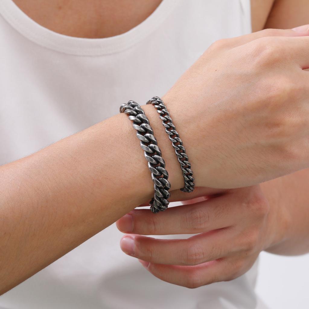 Retro Bransoletki Męskie Łańcuch Kubański, Vintage Antyczna Stal Nierdzewna Płaski Ogniwo Kopułowe, Rock Punk Stylowe Prezenty z Cyrkoniami