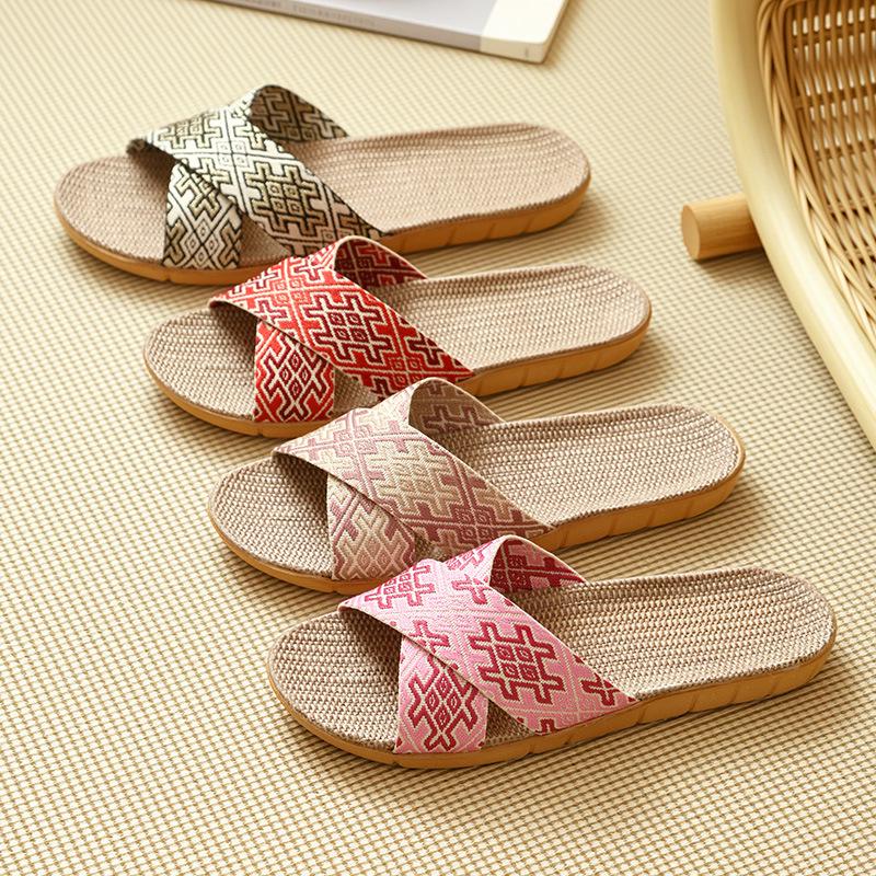 Women's New Style Ethnic Cross Strap Flower Linen Slippers - Cool and Natural for Home