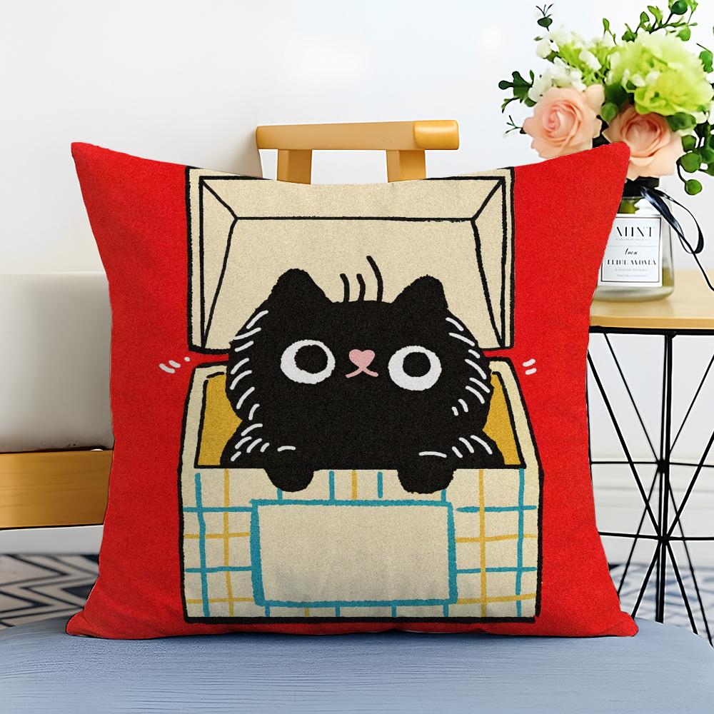 Cartoon handdrawn cat Cushion Cover Washable Linen comfort Soft for Sofa Bed Cozy Home Room Decor
