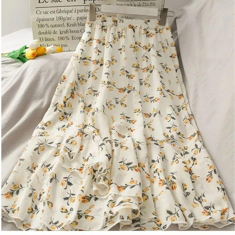 Medium To Long Chiffon Midi Skirt for Women In Summer High Waist A-line Floral Irregular Ruffle Edge Skirt