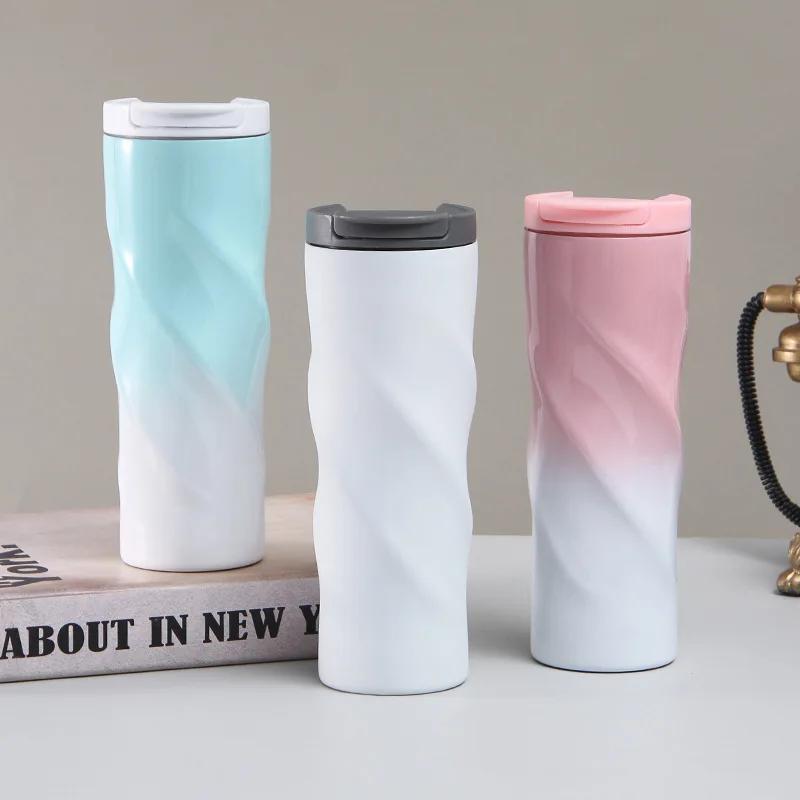 500ml Twisted Swirl 304 Stainless Steel Travel Tumbler, Double Wall Vacuum Insulated Coffee Mug with Flip Lid
