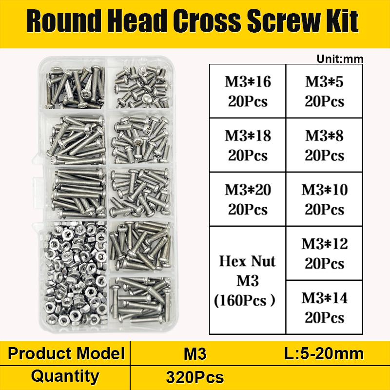 500/320pcs 304 Stainless Steel Cross Round Pan Head Phillips Machine Screw Button Head Cap Cross Bolt M1 M1.2 M1.4 M1.6 M2.5 M3
