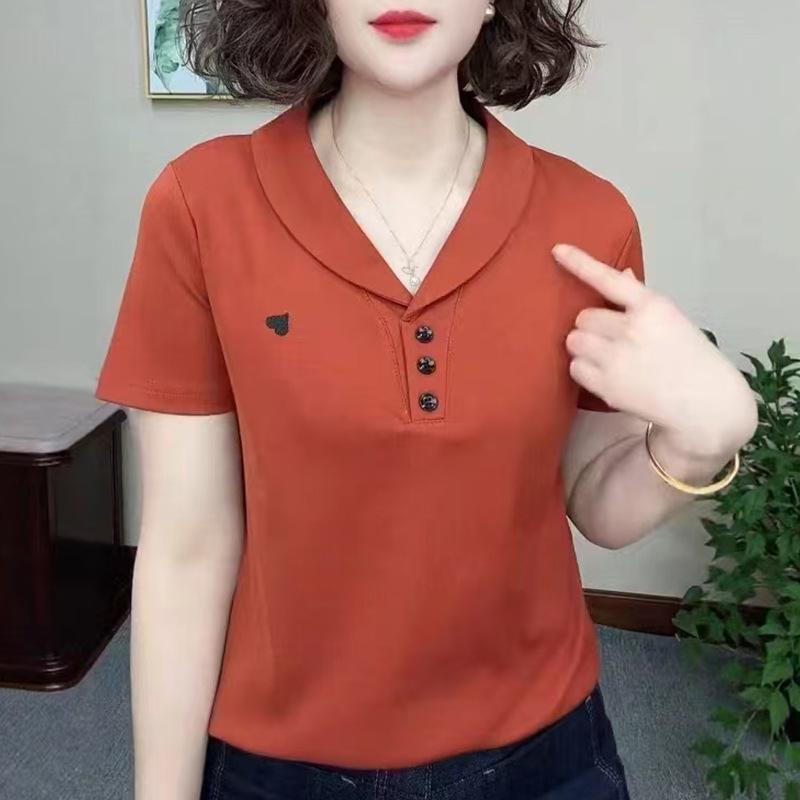 2026 Summer Women's Pure Cotton Short Sleeve Lapel T-shirt for Middle-Aged and Young Mothers - Casual, Loose Fit, Versatile Top