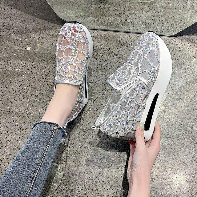 Female Wedge Shoes Sequin Mesh Breathable Shoes Women Gold Silver Platform Sneakers Women Height Increasing Wedges Shoes Casual
