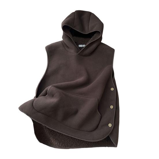 

Женский осенне-зимний жилет с капюшоном, застежкой на пуговицы сбоку, флисовая термоизоляция, однотонный цвет, с передним карманом, повседневный топ с капюшоном 3XL кофейный