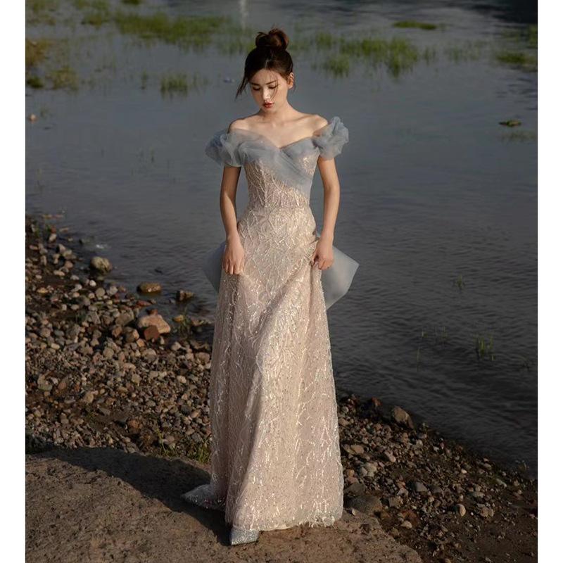 One-word Shoulder French Banquet Evening Dress Women's 1011 New Summer Girlfriend Bridesmaid Engagement Toast Dress Bridal Dress