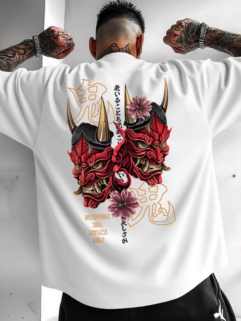 2026 Summer Japanese Devil Face Print 100 Pure Cotton Unisexs Round Neck Tshirt Unisex Hiphop Casual Street Short Sleeved Shirt