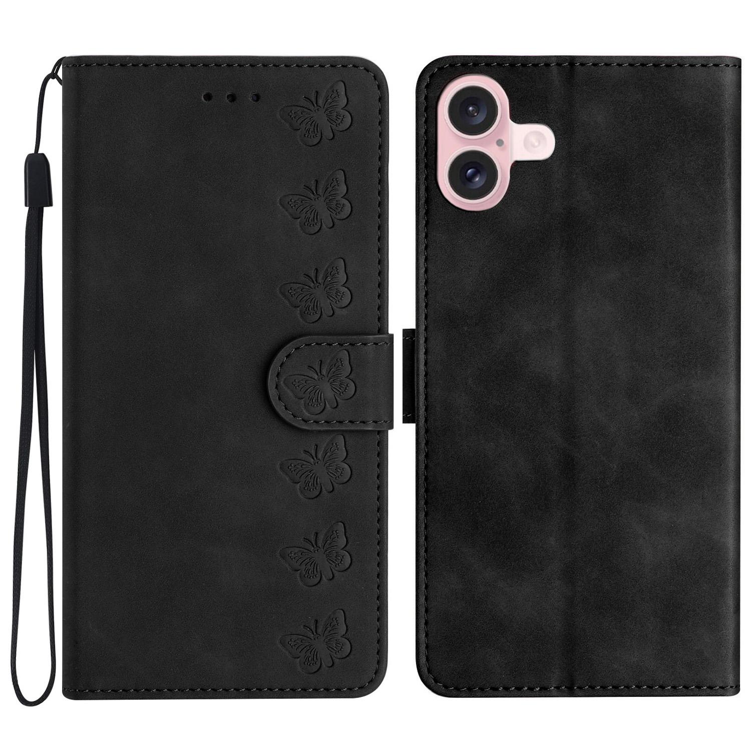 

For iPhone 16 Plus Case Butterfly Imprinted PU Leather Stand Phone Cover Black