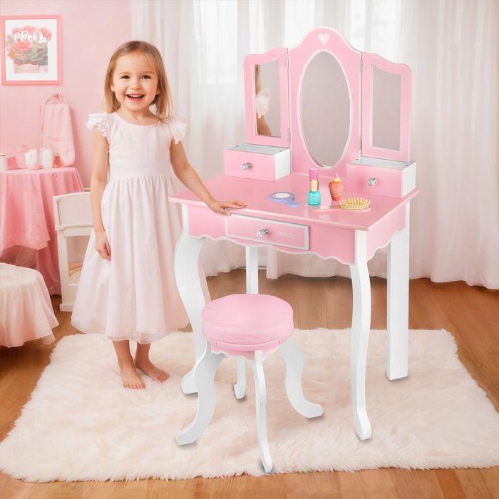 Kinderplay Green coiffeuse en bois pour enfant 105,5 cm avec tabouret, miroirs plexi, stickers et tatouages (GS3300)