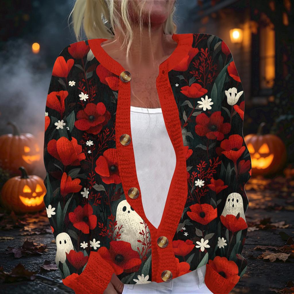 Women's Halloween Print Long Sleeve Knit Button Front Cardigan