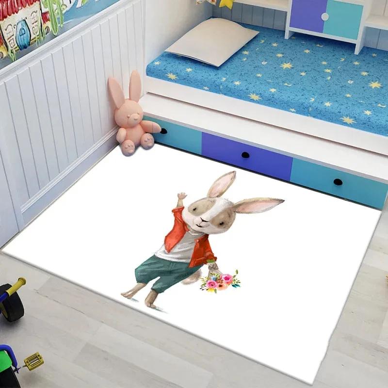Bunny Carpet For Easter Living Room Decor Lovely Cartoon Rabbit Print Crawling Mat Doormat Area Rug Bedroom Bathroom Floor Mats