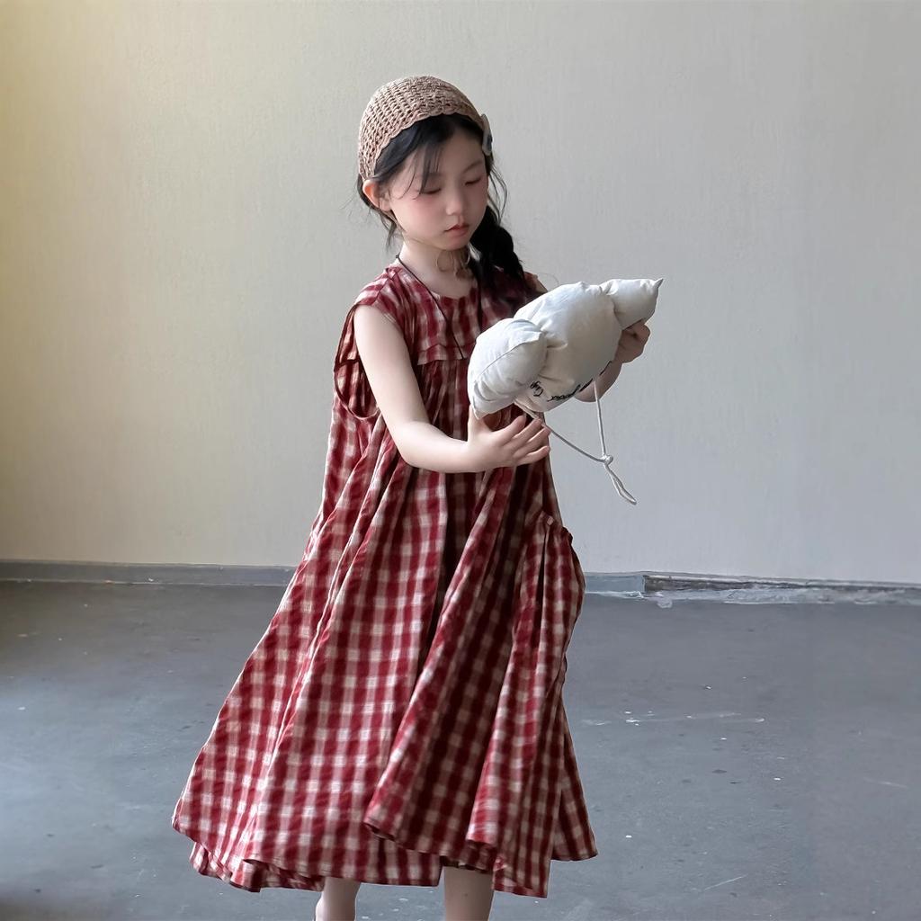 Girls' Plaid Dress Summer Korean Children's Cotton Dress Mid Length Long Skirt