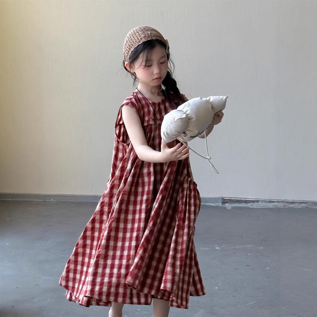 

Girls Plaid Dress Summer Korean Children s Cotton Dress Mid Length Long Skirt 160 вина червоного кольору
