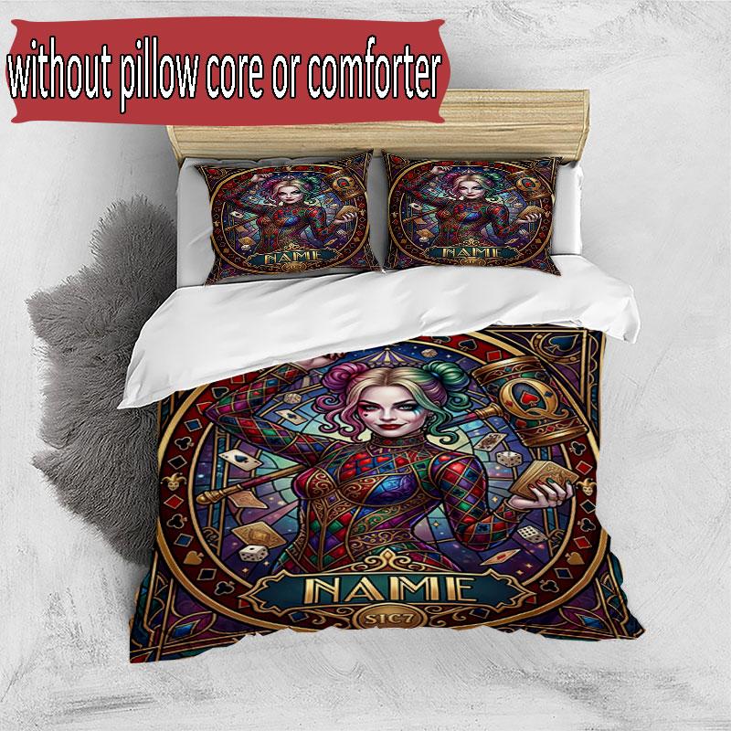 3pcs Duvet Cover Set (1*Duvet Cover + 2*Pillowcase, Without Core), Custom Name Harley Quinn Pattern Bedding Set, Home Bedroom Decor Gift
