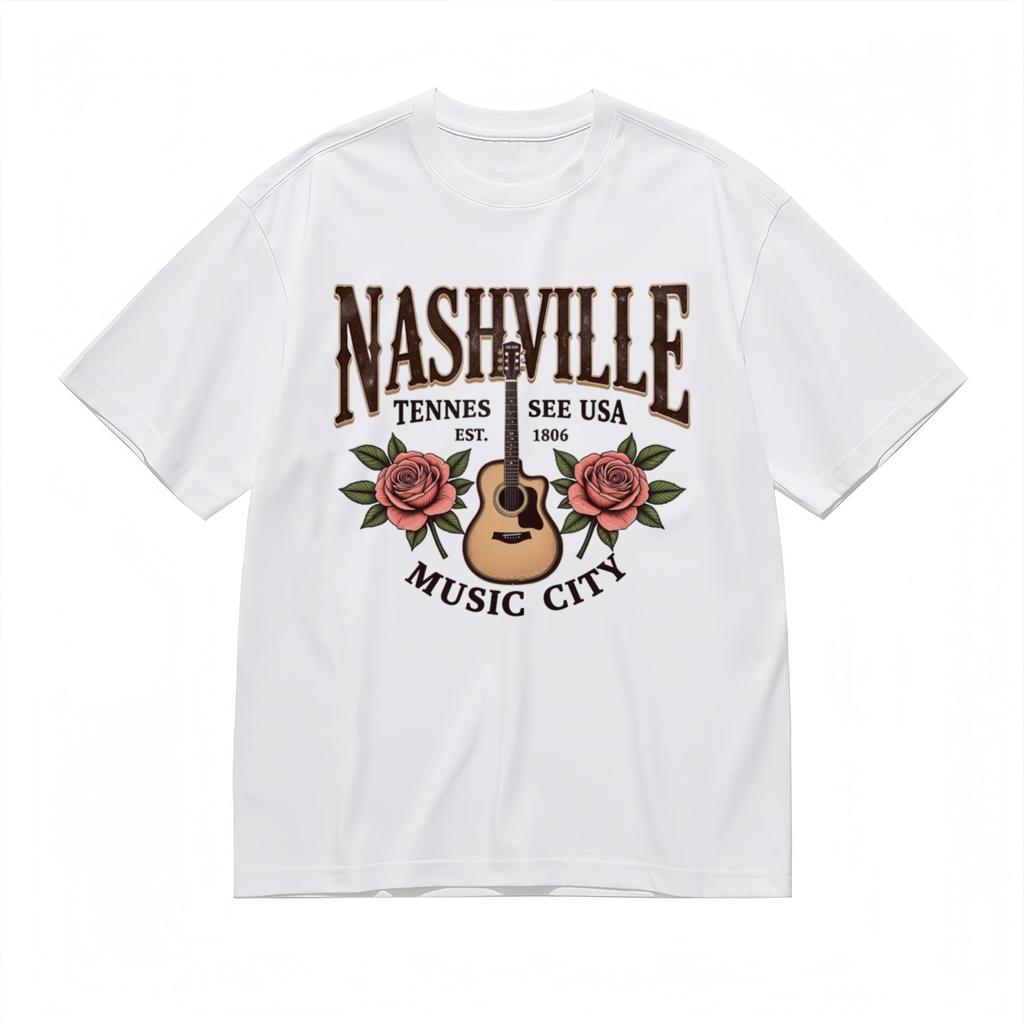 Women's Trend Soft Breathable Classic T-Shirt Mens Womens Tees Top Rose Guitar Americana Design Tee