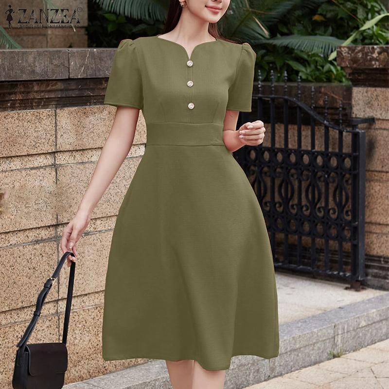 ZANZEA Damen Lässig Rundhals Sommer Kurzarm A-Linien-Kleid
