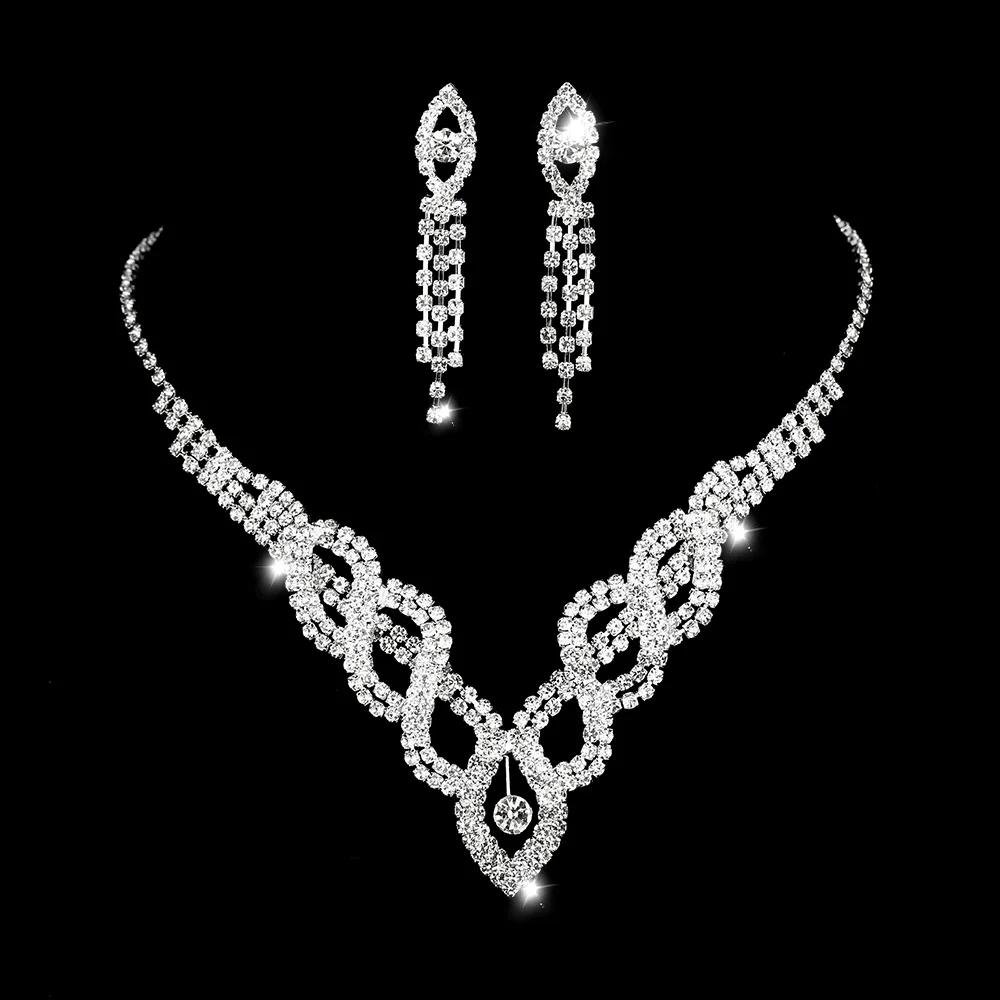Korean Style Wedding Bride Hollowed Out Rhinestone Women Necklace Earrings