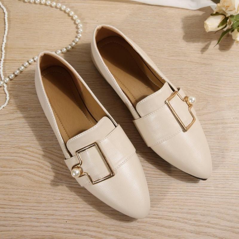 

Модная женская обувь на плоской подошве Chaussures De Femme Однотонная Базовый Простой Стиль Широкий Квадратный Носок Удобные Лоферы с Жемчугом 36 бежевый