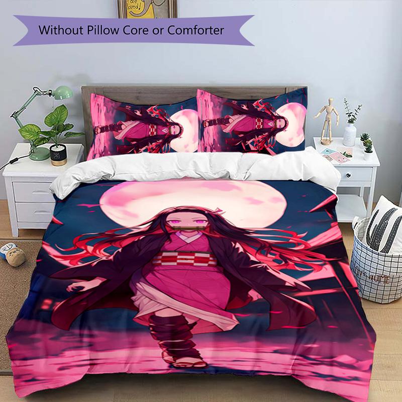 3pcs Demon Slayer Nezuko Pattern Bedding Set Duvet Cover Set Includes Duvet Cover &pillowcases, Perfect All Season Bedroom Decoration & Gift