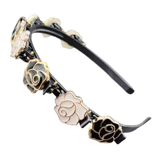 Women Headband Imitation Pearl Flower Decor Double Layer Hair Hoop Stable Non-Slip Hair Braiding Tool