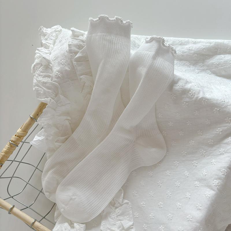 White Women s Summer Lightweight Knee-High Socks: Sweet Lace-Trimmed Socks, Ruffle-Edged Socks, Bone-Free Puffy Cotton Socks One Size