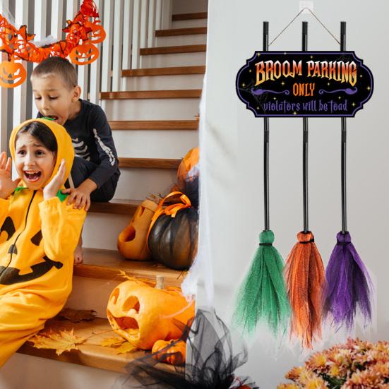 Halloween Broom Parking Sign with 3 Wooden Witch Brooms Solid Wood Hanging Decoration Halloween Decor Broom Parking Sign for Front Porch Wall