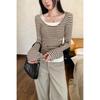 Petite Korean Style Faux Layer Striped T-Shirt for Women - Autumn/Winter 2025 Arrival