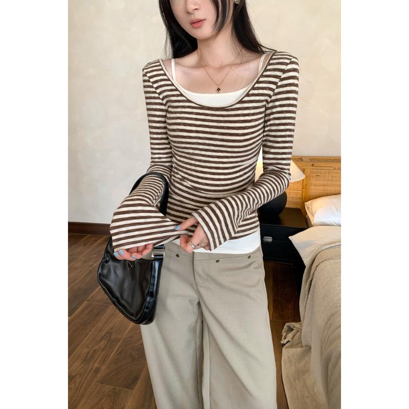 Petite Korean Style Faux Layer Striped T-Shirt for Women - Autumn/Winter 2025 Arrival
