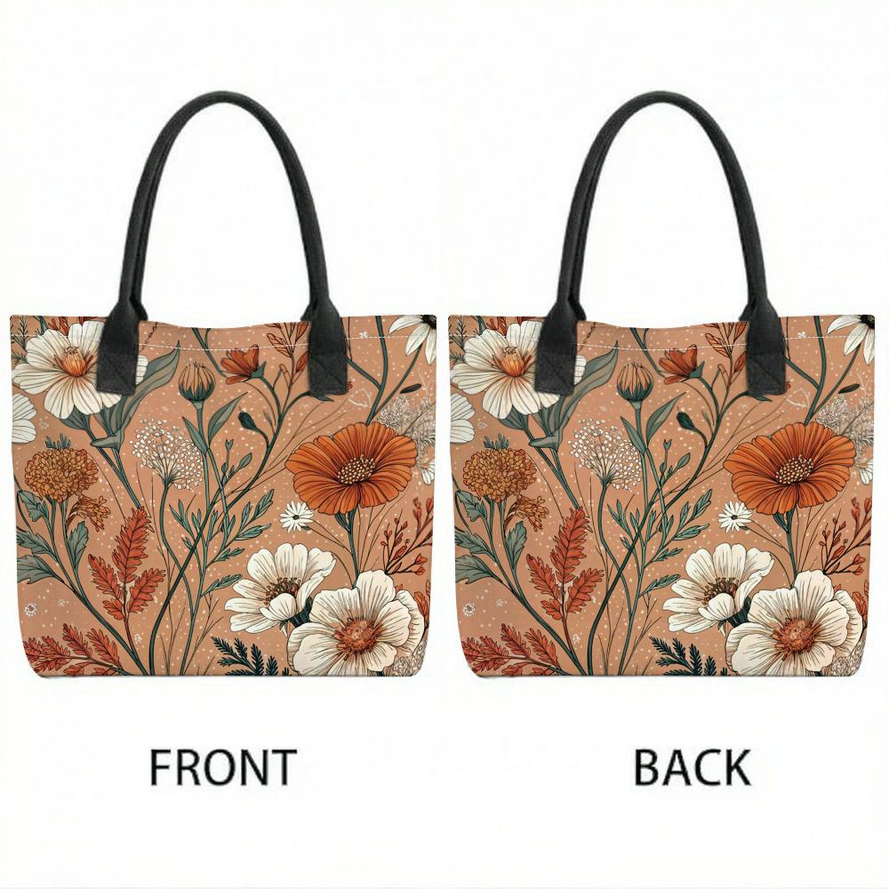  Floral Print Canvas Tote Bag Large Capacity Handbag for Daily Shopping Travel Casual Portable Women Shoulder Bag