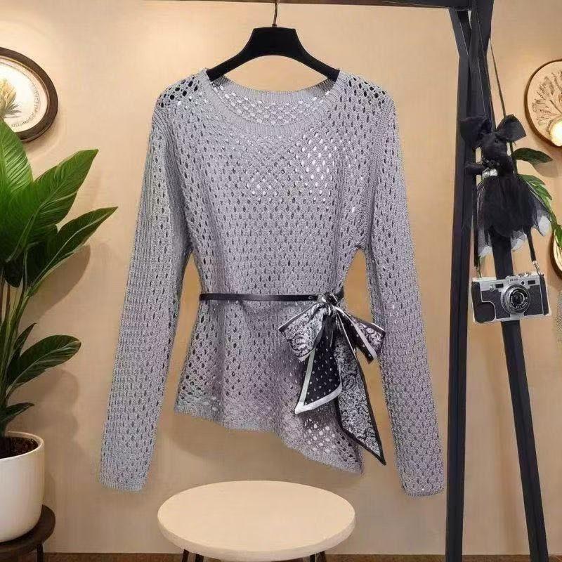 Spring Summer Women s Hollow-Out Knit Sweater Slim-Fit Long-Sleeve Knit Pullover Top with belt one size серый