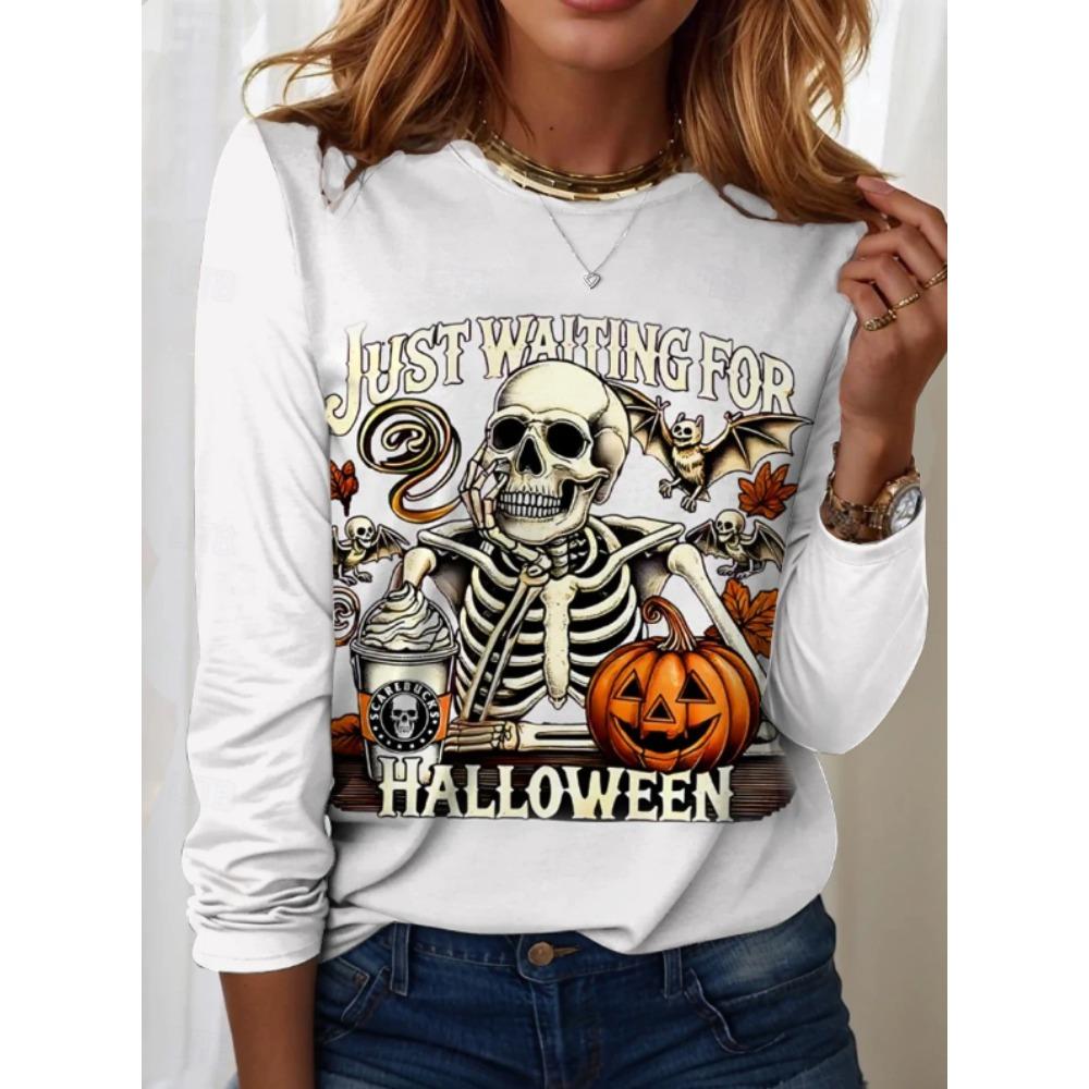 Tops for Women Christmas Print Round Neck Long Sleeve T-shirt Fall Casual Slim Pullover Women's Long Sleeve Top