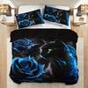 3D Black Cat Blue Rose Bedding Set Floral Animal Duvet Cover Set For Home & Dorm For Halloween