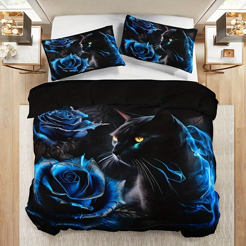 3D Black Cat Blue Rose Bedding Set Floral Animal Duvet Cover Set For Home & Dorm For Halloween