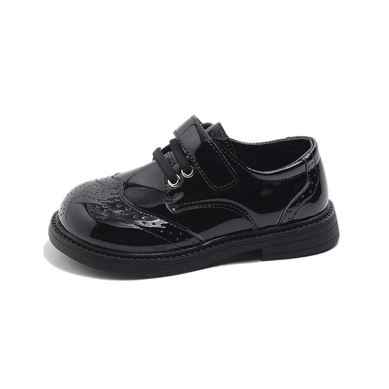 Kids School Uniform Shoes Black Glossy Girls Leather Shoes Retro Hook&loop 2025 New Boys Flat Shoes British Style Soft Sole