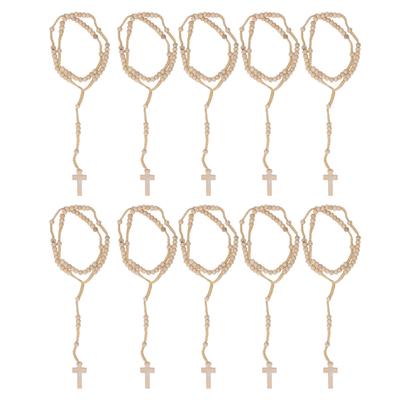 10pcs Wooden Rosary Jesus Imprint Catholic Unisex Style Natural Wooden Bead Cross Rosary Necklace Jewelry for Men Women