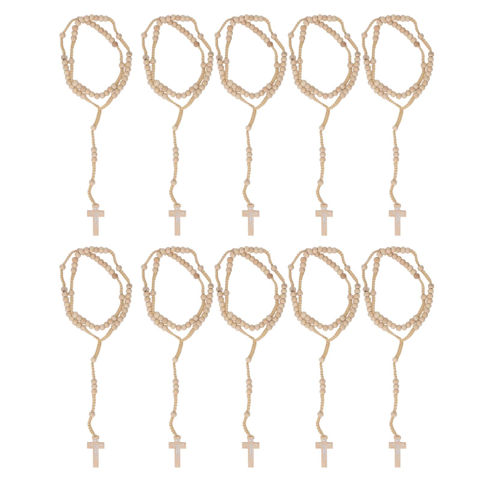 10 pièces Chapelet en Bois Empreinte de Jésus Style Catholique Unisexe Perles en Bois Naturel Chapelet Colliers Bijoux pour Hommes Femmes beige