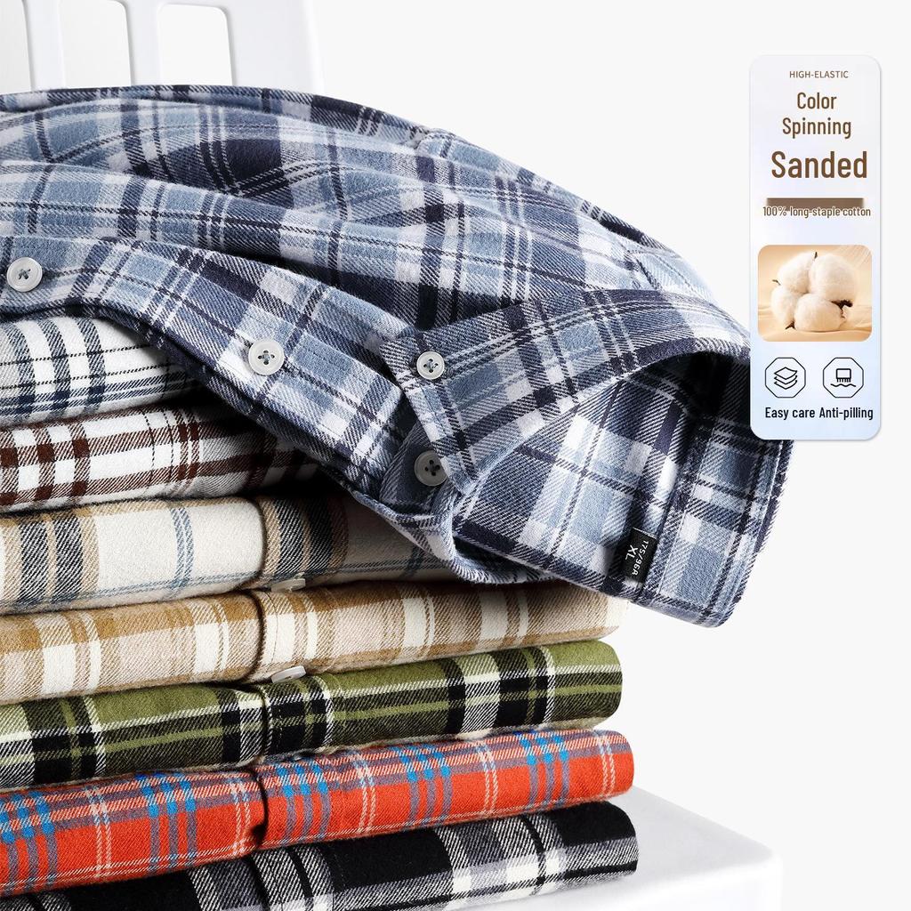 Brand Men's Pure Cotton Brushed Plaid Long Sleeve Shirt - High-End, Versatile, Casual, Thick Style for Youth