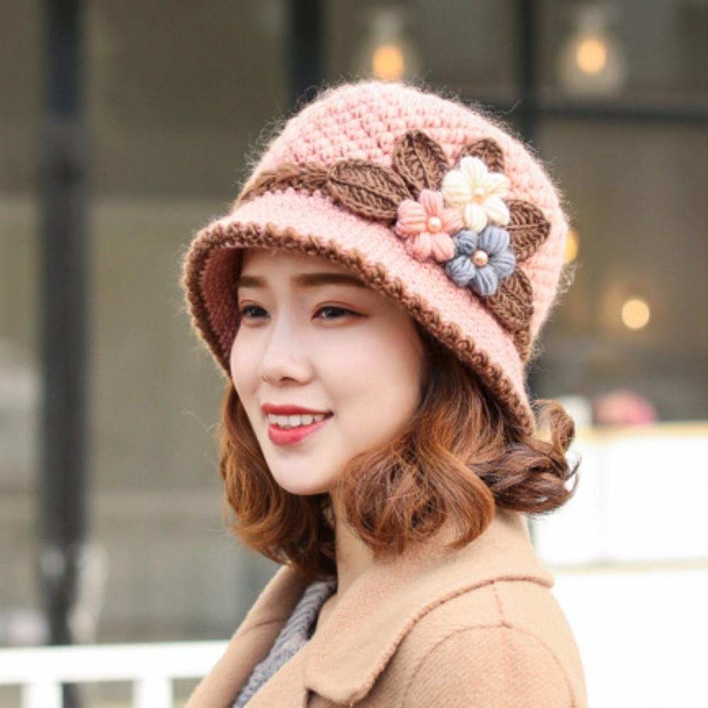 Plush Knitted Bucket Hat Warm Floral Crochet Hat Fashionable Yarn Cloche Hat Winter