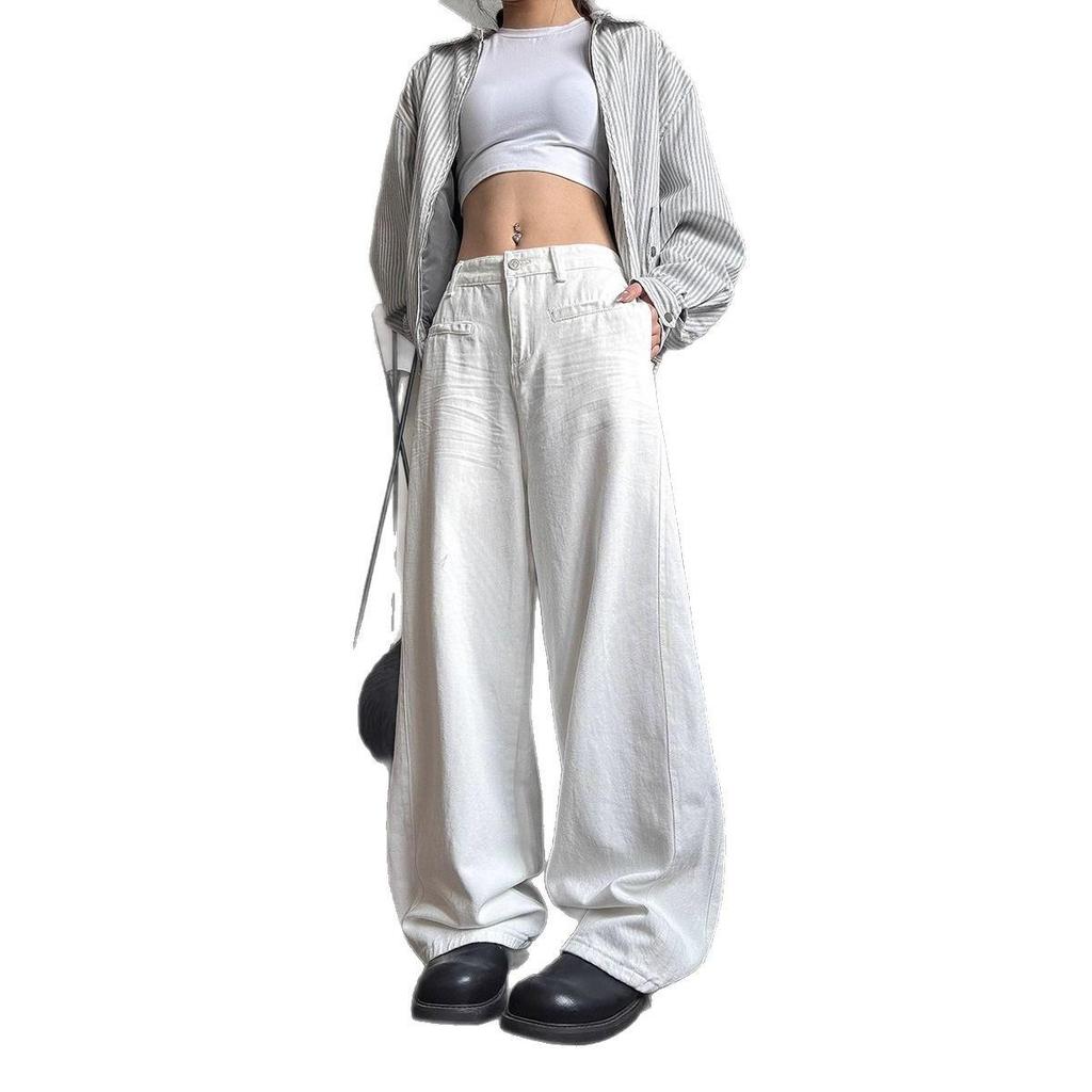 Women's Washed White Wide-Leg Jeans - Casual, Loose-Fit, Straight-Leg for Spring & Autumn