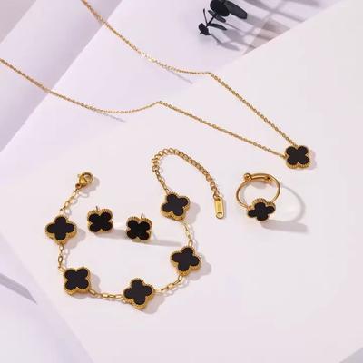 4PCS Lucky Clover Fashion Five Flower Stainless Steel Fritillaria 18K Bracelet Necklace Ring Earring Set Women's Jewelry