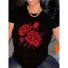 European Size Women'S Black Shiny Red Rose Print T-Shirt - Casual Short Sleeve Round Neck Top with Sparkling Floral Design, Valentine'S Day Outfits