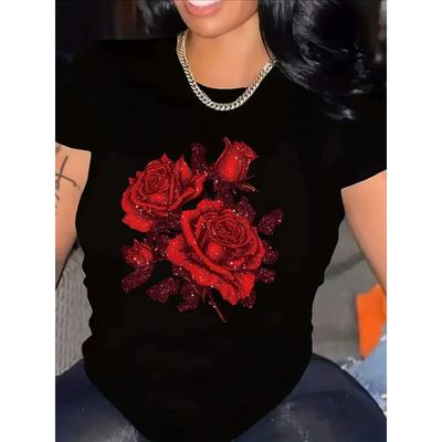European Size Women'S Black Shiny Red Rose Print T-Shirt - Casual Short Sleeve Round Neck Top with Sparkling Floral Design, Valentine'S Day Outfits