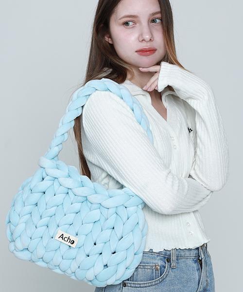 Acho Velvet Knitted Pompon Shoulder Bag_Sky Blue