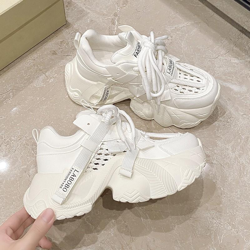 Large size mesh breathable dad shoes women 2025 new Korean version lace-up small man thick sole fashion temperament little white shoes