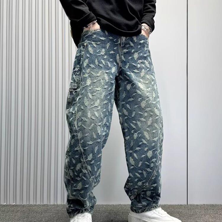 JYL Men's Jacquard Jeans Summer High-Street Trendy Loose Design Denim Pants