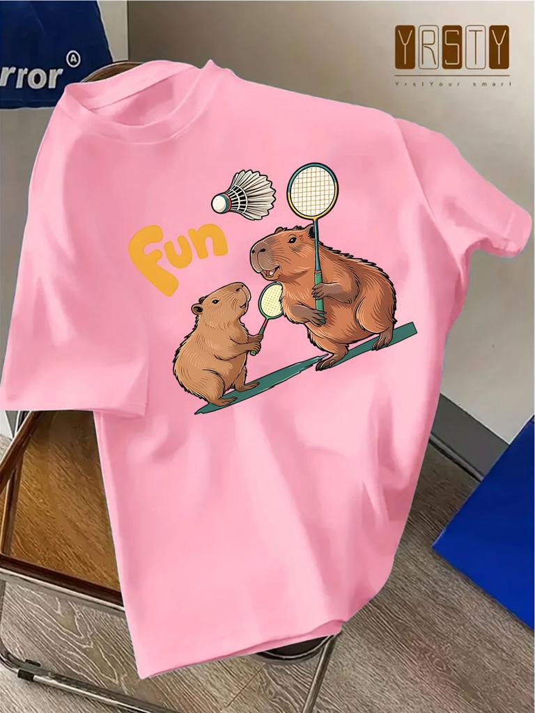 Male Cotton Crew Neck Tee Cartoon Capybara Play Badminton Fun Print Loose Short Sleeve Casual Summer Sports Daily Animal T Shirt