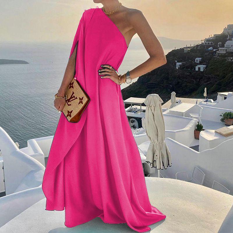 

Europe and America Cross Border Summer New Black Loose Sexy off-the-Shoulder One-Shoulder Long Dress Evening Dress Women Dress Rose Red L