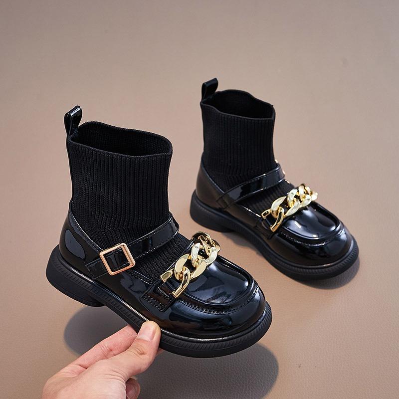 Korean Version of the New Children's Boots British Style Knitted Socks Boots Fashion Chain Foreign Style Princess Leather Boots